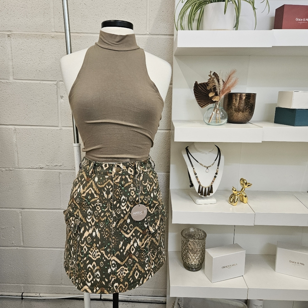 Olive Ikat Denim Cargo Skirt With Stretch